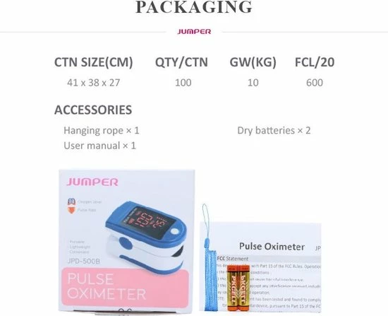 Jumper Medical Zuurstofmeter - Saturatiemeter - Oximeter - Hartslagmeter Vinger - HD LED Scherm - Incl Koord En Batterij - Afbeelding 2