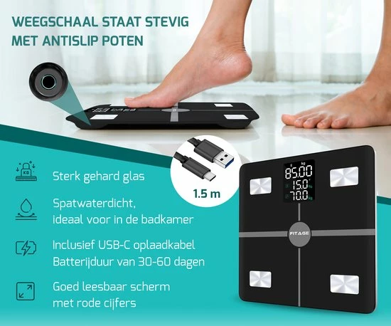 FITAGE® LCD Personenweegschaal - Weegschaal Met 17x Lichaamsanalyse - Vetpercentagemeter - FITAGE App 8 FITAGE® LCD Personenweegschaal - Weegschaal Met 17x Lichaamsanalyse - Vetpercentagemeter - FITAGE App - Afbeelding 6