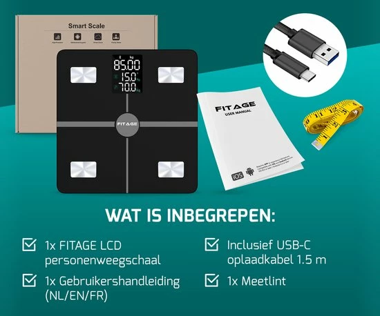 FITAGE® LCD Personenweegschaal - Weegschaal Met 17x Lichaamsanalyse - Vetpercentagemeter - FITAGE App 11 FITAGE® LCD Personenweegschaal - Weegschaal Met 17x Lichaamsanalyse - Vetpercentagemeter - FITAGE App - Afbeelding 9