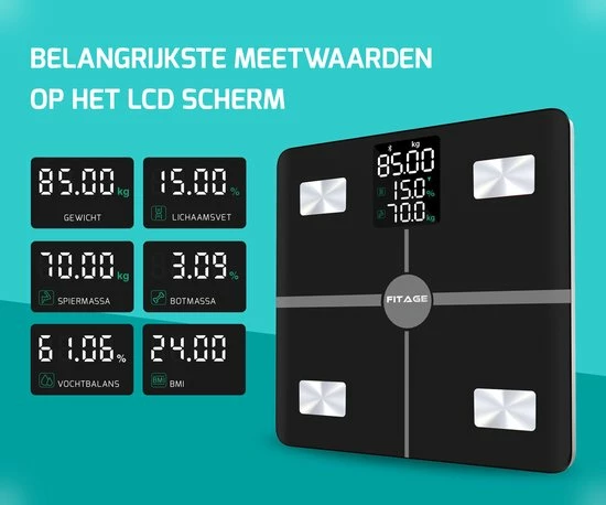 FITAGE® LCD Personenweegschaal - Weegschaal Met 17x Lichaamsanalyse - Vetpercentagemeter - FITAGE App 16 FITAGE® LCD Personenweegschaal - Weegschaal Met 17x Lichaamsanalyse - Vetpercentagemeter - FITAGE App - Afbeelding 14