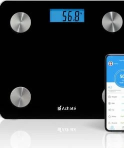 Achat? Slimme Weegschaal Met App - 12 Lichaamsanalyses - Smart Personenweegschaal - 8 Gebruikers - Incl Batterij - Zwart