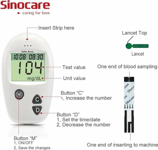 Sinocare Bloedglucose Meter ? Met 100 Test Strips En 100 Lancetten ? Diabetes ? Bloedsuiker Meter ? Bloedglucose Meter - Afbeelding 3