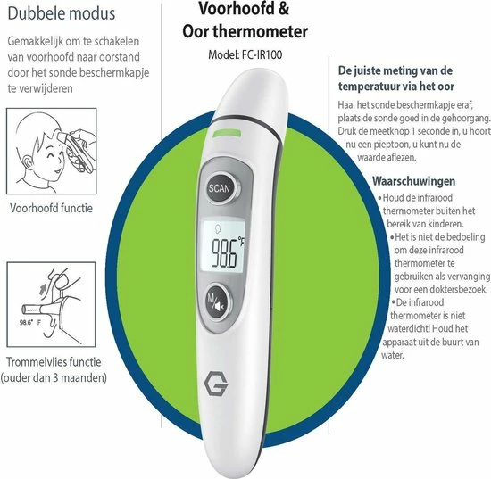G Master Professionele Digitale Infrarood Oor- / Voorhoofd Thermometer Incl. Batterijen, Nederlandse Handleiding En 20 X Beschermkapjes 7 G Master Professionele Digitale Infrarood Oor- / Voorhoofd Thermometer Incl. Batterijen, Nederlandse Handleiding En 20 X Beschermkapjes - Afbeelding 5