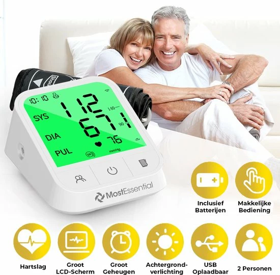 MostEssential Premium Bloeddrukmeter Bovenarm - Hartslagmeter - Inclusief Opbergtas En Batterijen - 200 Metingen Geheugen - Afbeelding 5