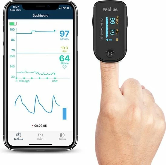 RealN WELLUE Professionele Saturatiemeter Met VIHEALTH-App - Oximeter - Hartslagmeter - Zuurstofmeter Vinger - Pulse Oximeter - OLED Scherm - Zwart