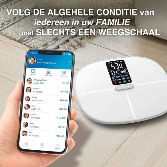 O'dor® Bluetooth Personenweegschaal - Weegschaal - Digitale Lichaamsanalyse - Meet Hartslag, Gewicht, Lichaamsvet, Spiermassa, BMI, Botmassa En Vetpercentage - Wit 7 O'dor® Bluetooth Personenweegschaal - Weegschaal - Digitale Lichaamsanalyse - Meet Hartslag, Gewicht, Lichaamsvet, Spiermassa, BMI, Botmassa En Vetpercentage - Wit - Afbeelding 5