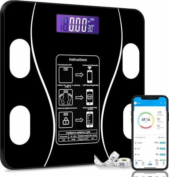 Merkloos Digitale Smart Weegschaal - Personenweegschaal - Met Lichaamsanalyse - USB Oplaadbaar - Met App - Zwart