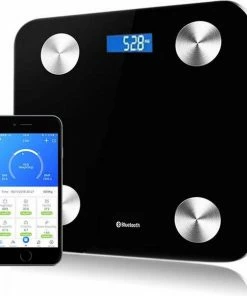 Merkloos Weegschaal Lichaamsanalyse Met 12 Lichaamsmetingen - Personenweegschaal - Digitale Weegschaal Met App Voor Android En IOS - Vetpercentage Meten - BMI Meten - Zwart