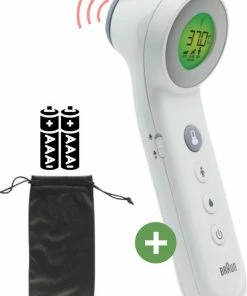 Braun Digitale Thermometer + Handige Opbergetui - Voorhoofdthermometer - Age Precision Technologie - Contactloze Meting - Geschikt Voor Baby's, Kinderen & Volwassenen - Koortsindicator Met Leeftijdsinstelling - Met Stiltemodus - BNT400- Wit
