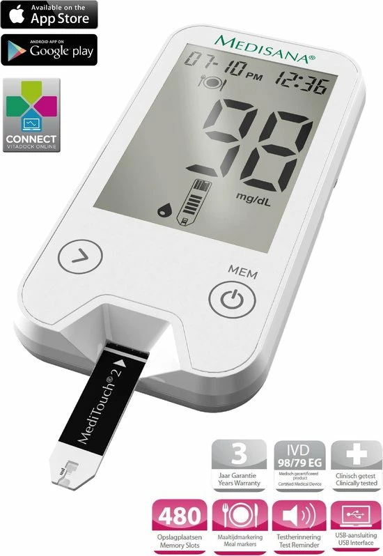 Medisana Bloedglucosemeter Meditouch2 Mg/dL (versie Voor België) 10 Medisana Bloedglucosemeter Meditouch2 Mg/dL (versie Voor België) - Afbeelding 8